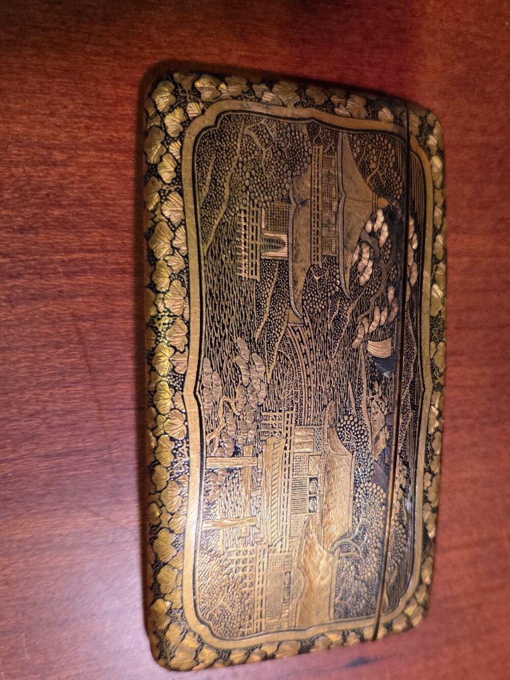 Gold-Plated Damascened Iron Card Case Komai Mt Fuji Japan 19th Century Meiji